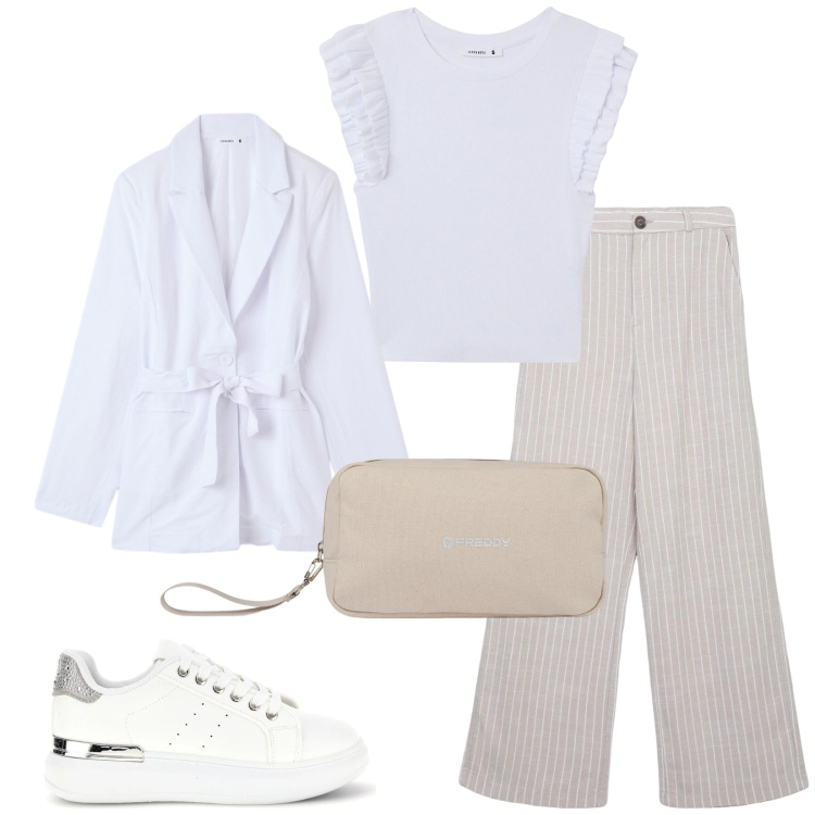 Outfit donna - Total look #2412192. Stile Casual per Tutti i giorni. Abbinamento con pantaloni, t-shirt, blazer, valigie, sneakers.