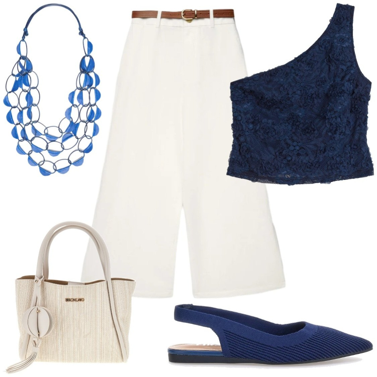 Outfit donna - Pronta dal mattino. Stile Chic per Serata fuori. Abbinamento con top, pantaloni a palazzo, collane, ballerine, borse a tracolla.