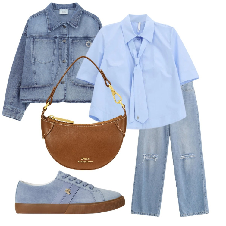 Outfit donna - La camicia con la cravatta. Stile Casual chic per Scuola/Università. Abbinamento con camicie a manica corta, jeans strappati, sneakers, borse a tracolla, blazer.