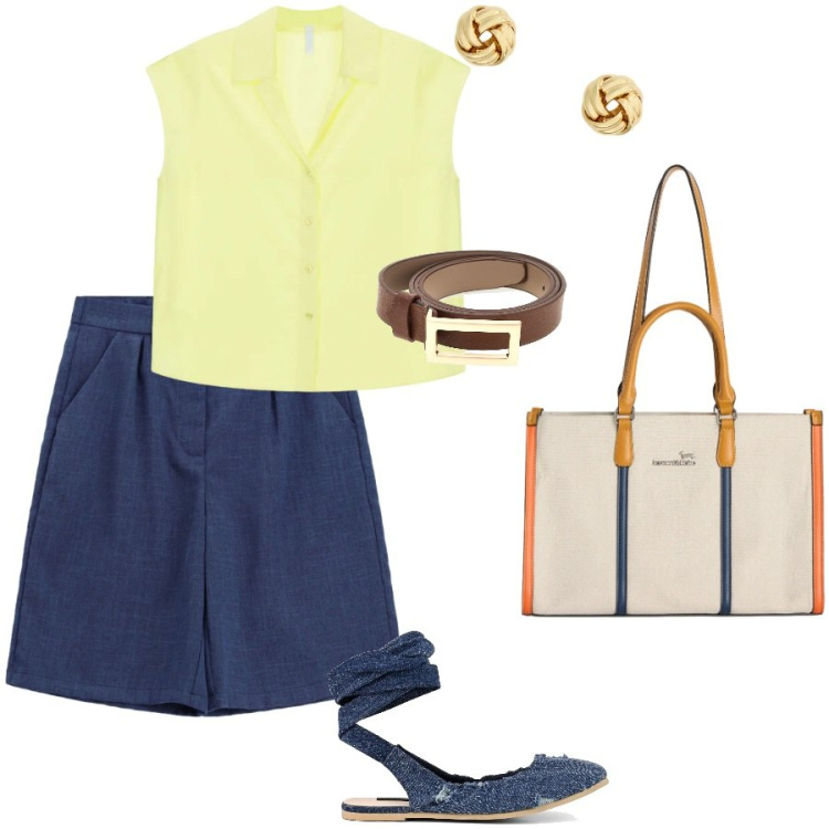 Outfit donna - Commissioni in centro. Stile Casual chic per Tutti i giorni. Abbinamento con bermuda, camicie a manica corta, borse tote, orecchini, ballerine, cinture.