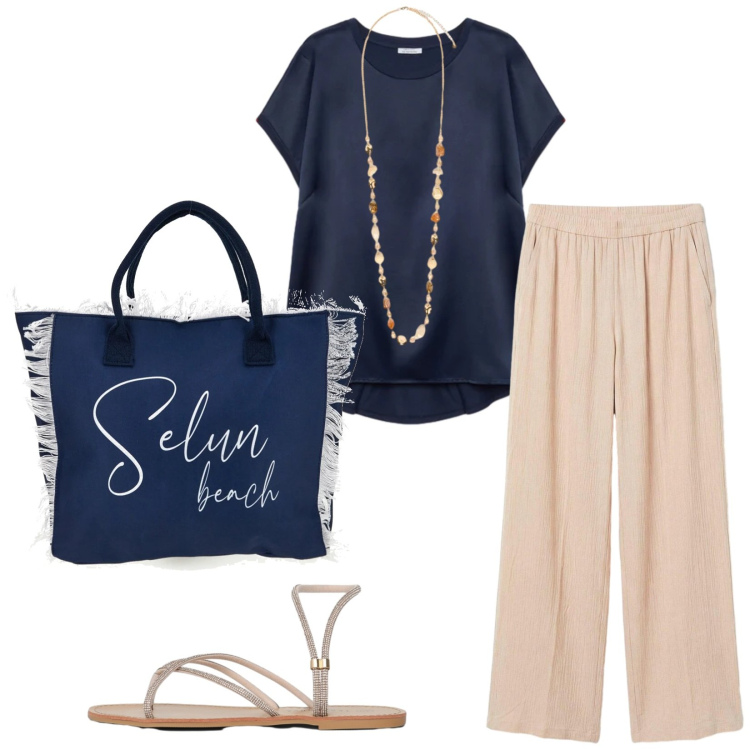 Outfit donna - Total look #2412198. Stile Casual per Tutti i giorni. Abbinamento con pantaloni a palazzo, sandali, collane, bluse, shopping bag.