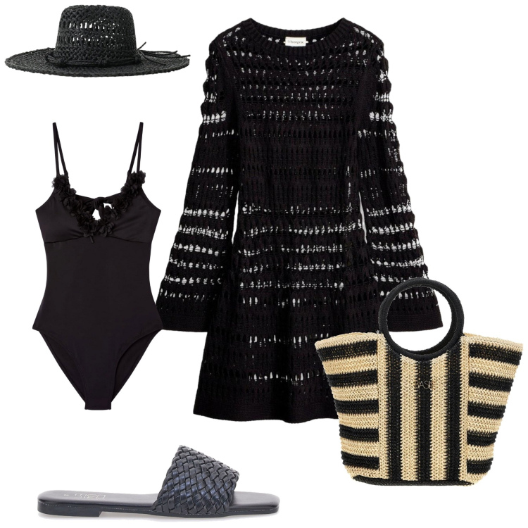 Outfit donna - Segno zodiacale Gemelli. Stile Casual chic per Mare. Abbinamento con vestiti, costumi interi, cappelli, borse a mano, ciabatte.