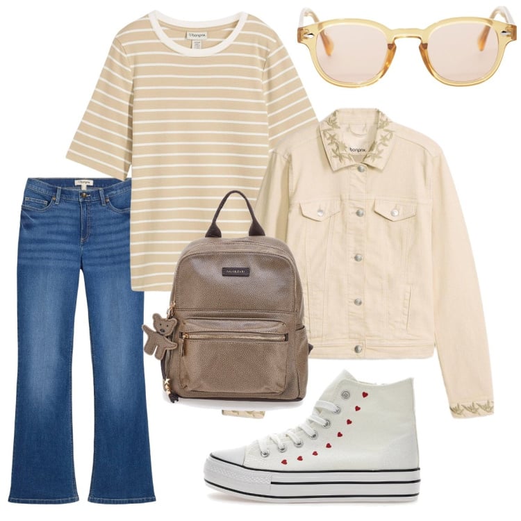 Outfit donna - Ultima lezione. Stile Urban per Scuola/Università. Abbinamento con cappotti, t-shirt, jeans bootcut, occhiali da sole, sneakers alte, zaini.