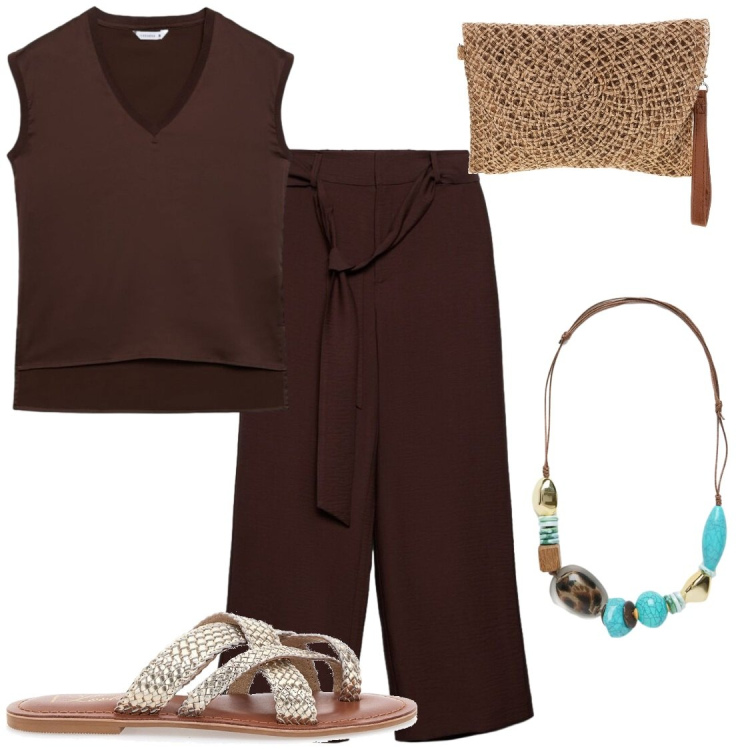 Outfit donna - Mi cambio e arrivo#lowcost. Stile Chic per Serata fuori. Abbinamento con pantaloni a palazzo, top, collane, infradito, borse a tracolla.