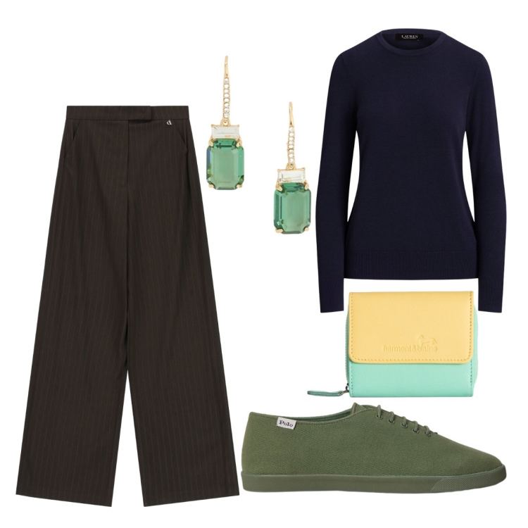 Outfit donna - Seafoam Blue. Stile Sporty chic per Tutti i giorni. Abbinamento con portafogli, pantaloni a palazzo, maglieria, sneakers, orecchini.