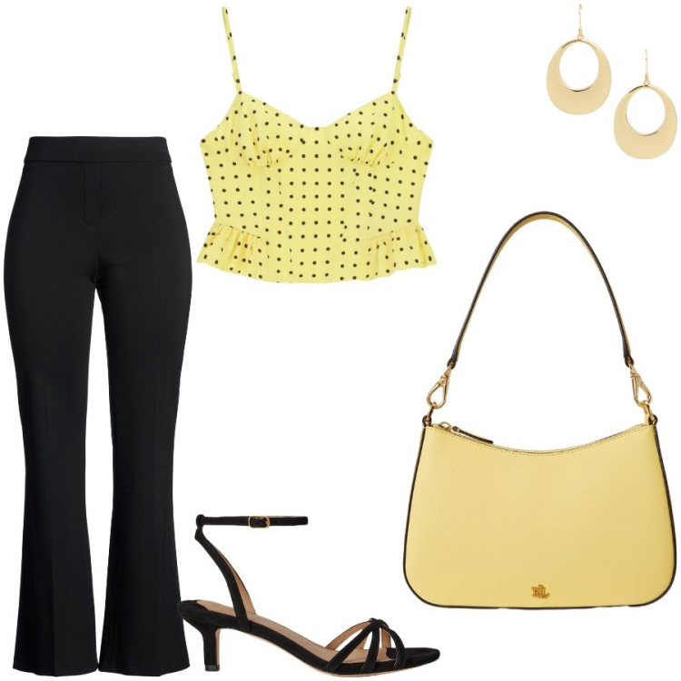 Outfit donna - Saturday. Stile Chic per Serata fuori. Abbinamento con pantaloni, canottiere, sandali col tacco, borse a spalla, orecchini.