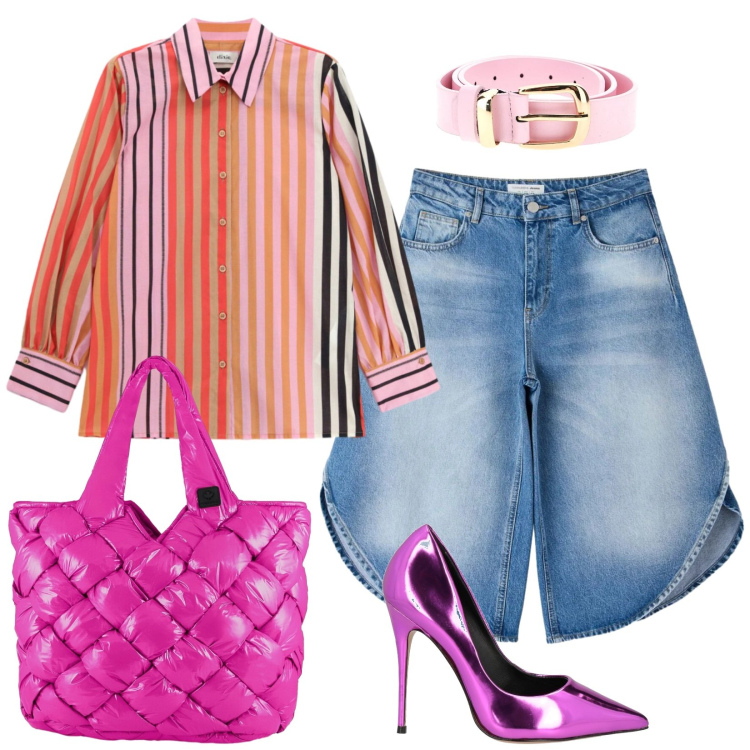 Outfit donna - Color shock - Gemelli. Stile Urban per Tutti i giorni. Abbinamento con décolleté, pantaloni corti, camicie, borse tote, cinture.