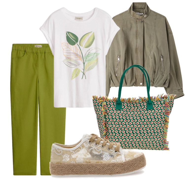 Outfit donna - Le sneakers in pizzo. Stile Casual chic per Tutti i giorni. Abbinamento con pantaloni, t-shirt, bomber, sneakers, shopping bag.