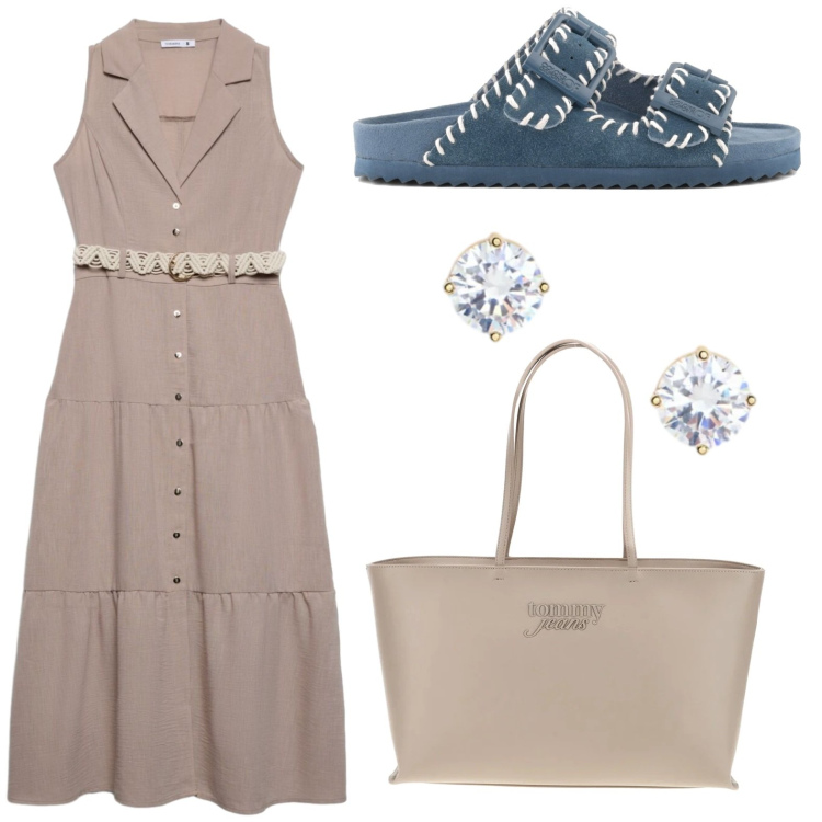 Outfit donna - New day. Stile Casual per Tutti i giorni. Abbinamento con vestiti chemisier, orecchini, ciabatte, borse a spalla.