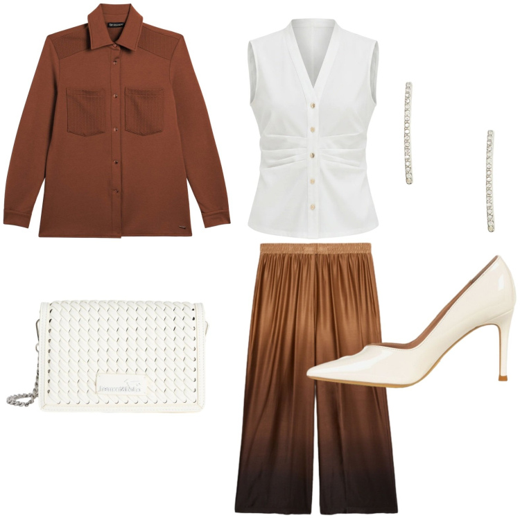 Outfit donna - Moka espresso. Stile Glamour per Tutti i giorni. Abbinamento con décolleté, camicie a manica corta, borse a tracolla, camicie, pantaloni a palazzo, orecchini.