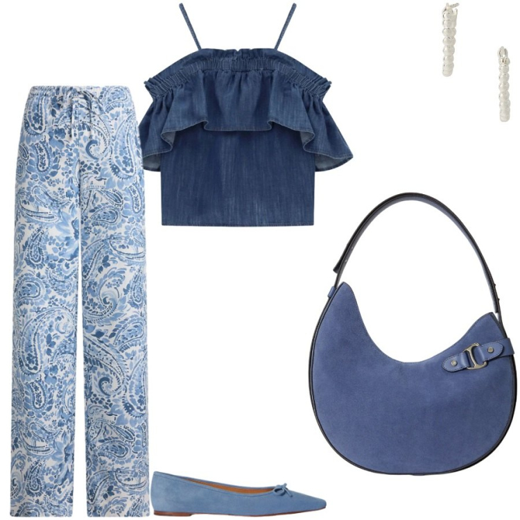 Outfit donna - Blue. Stile Casual chic per Tutti i giorni. Abbinamento con top, pantaloni, ballerine, orecchini, borse a spalla.