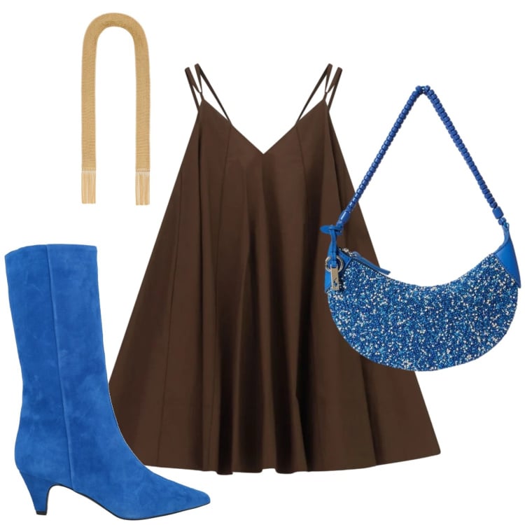 Outfit donna - Boho essenziale. Stile Boho per Serata fuori. Abbinamento con stivali, vestiti corti, borse a spalla, collane.