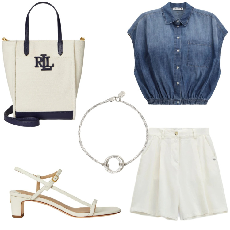 Outfit donna - Serata con amiche. Stile Chic per Serata fuori. Abbinamento con bermuda, camicie, sandali in pelle, braccialetti, borse tote.