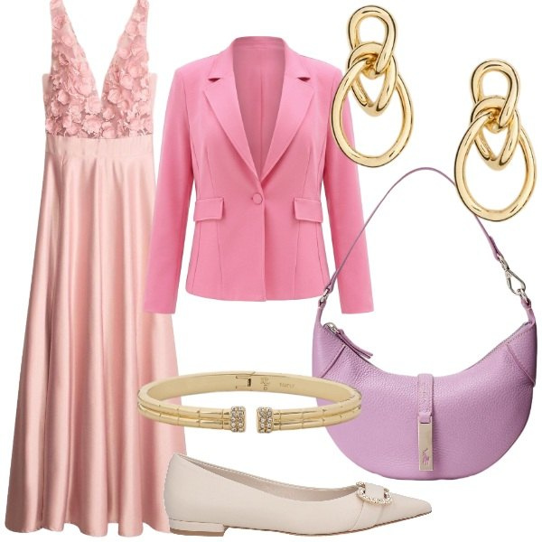 Outfit donna - Giugno con le ballerine. Stile Glamour per Serata fuori. Abbinamento con ballerine, vestiti lunghi, blazer, braccialetti, borse a spalla, orecchini.