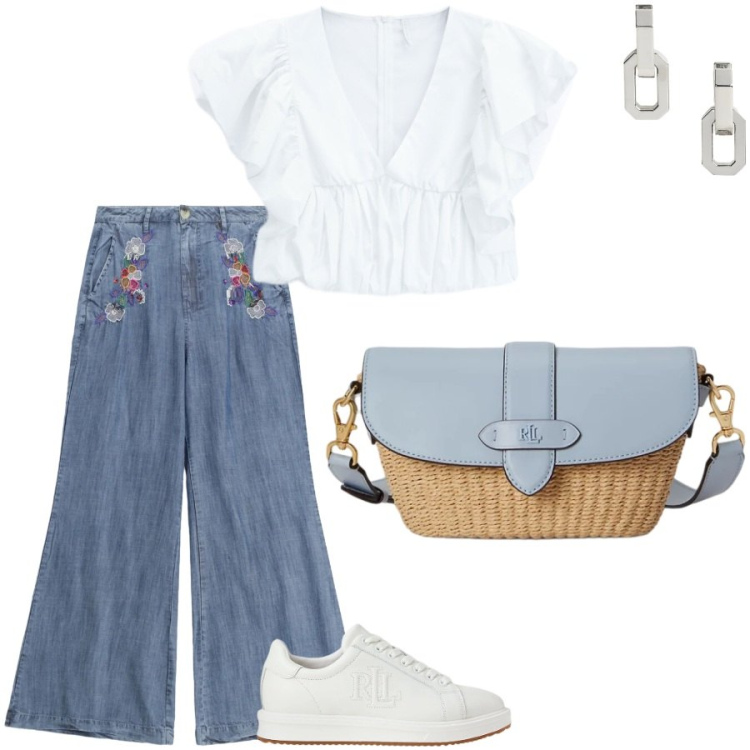 Outfit donna - Ricami. Stile Boho per Tutti i giorni. Abbinamento con top, sneakers, orecchini, borse a spalla, pantaloni a palazzo.