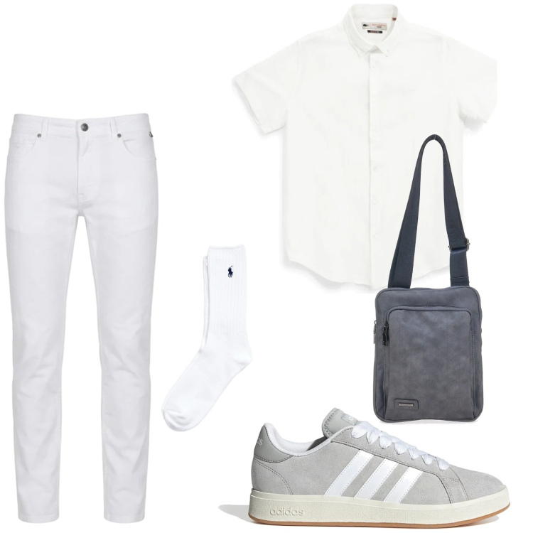 Outfit uomo - Bianco estivo. Stile Casual per Tutti i giorni. Abbinamento con pantaloni, calzini, portafogli, sneakers, camicie a manica corta.