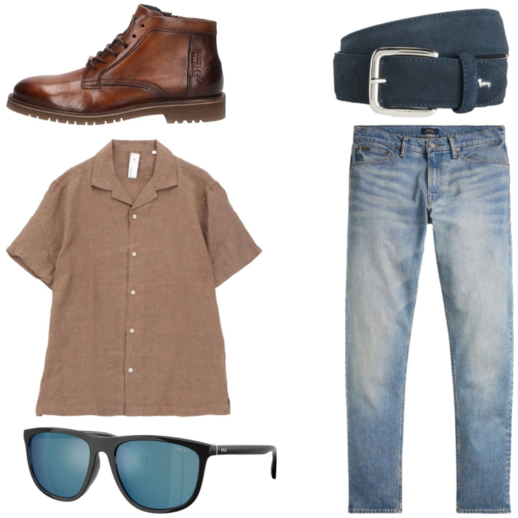 Outfit uomo - Camicia per giornate calde. Stile Trendy per Tutti i giorni. Abbinamento con camicie a manica corta, cinture, jeans, occhiali da sole, stivali e stivaletti.