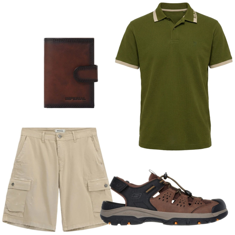 Outfit uomo - Stile e praticità. Stile Trendy per Tutti i giorni. Abbinamento con portafogli, bermuda, polo, sandali.