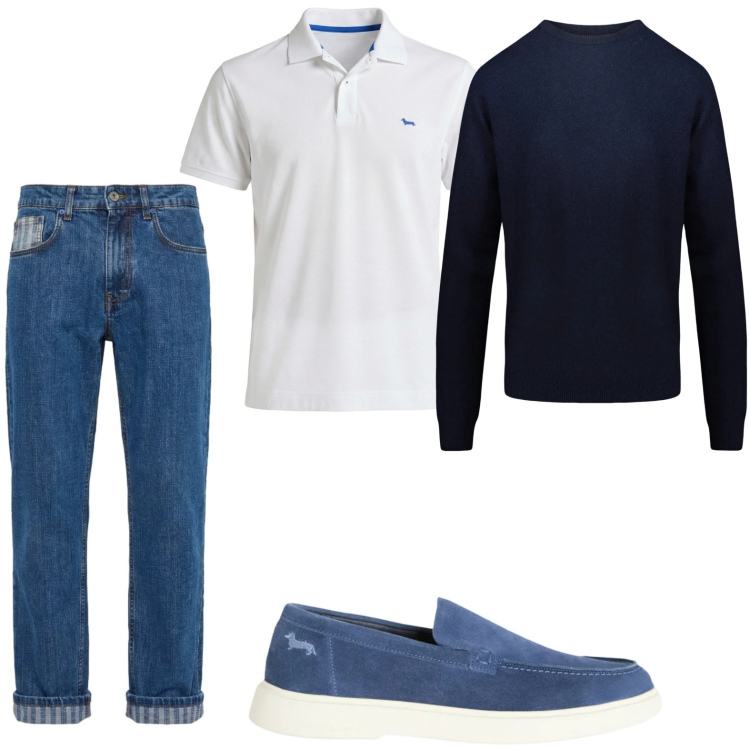 Outfit uomo - Polo versatile. Stile Trendy per Tutti i giorni. Abbinamento con jeans, polo, scarpe stringate, maglieria.