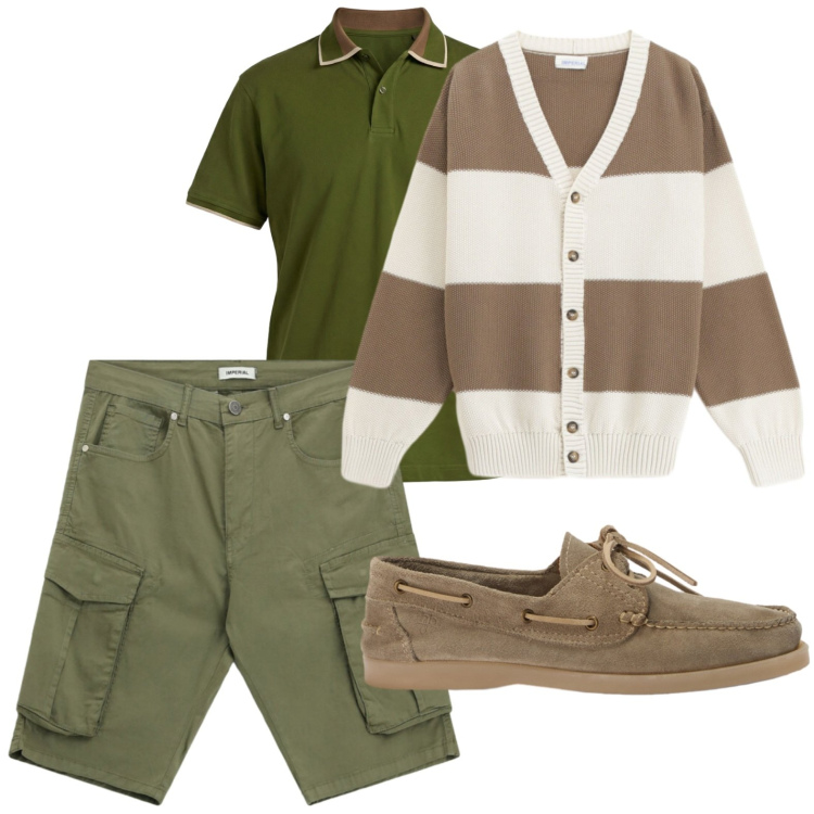 Outfit uomo - Bermuda protagonisti. Stile Casual per Tutti i giorni. Abbinamento con bermuda, cardigans, scarpe stringate, polo.