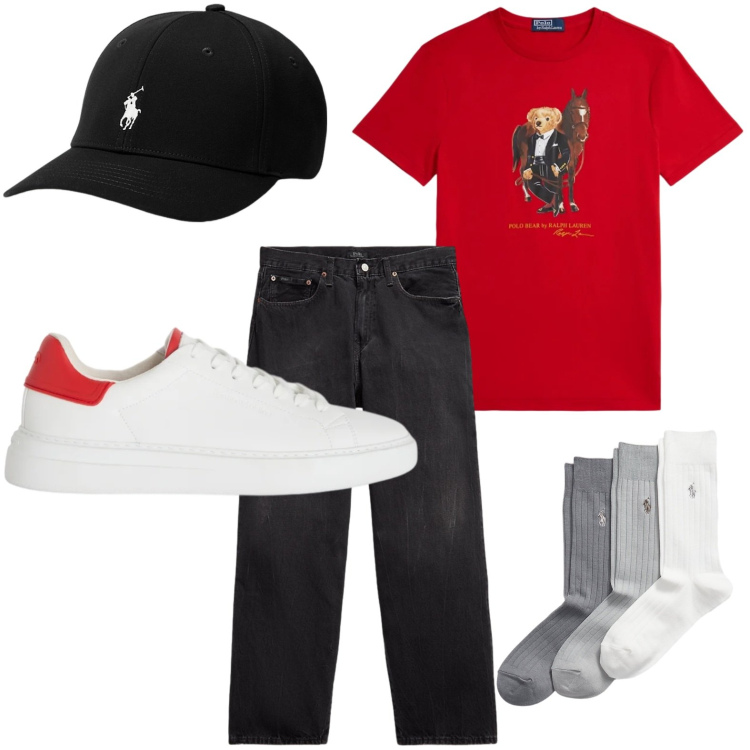 Outfit uomo - Tris di calzini. Stile Trendy per Tutti i giorni. Abbinamento con sneakers, cappelli, jeans, t-shirt, calzini.