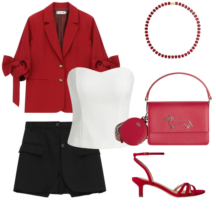 Outfit donna - Blazer d\'estate. Stile Glamour per Serata fuori. Abbinamento con top, shorts, borse a tracolla, blazer, sandali col tacco, collane.