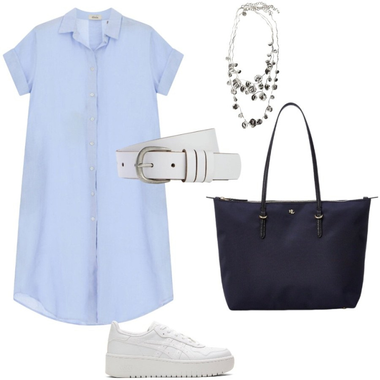 Outfit donna - Colazione con un\'amica. Stile Casual per Tutti i giorni. Abbinamento con cinture, vestiti chemisier, collane, borse tote, sneakers.