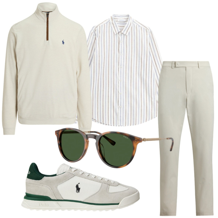 Outfit uomo - Essenziale. Stile Casual per Ufficio. Abbinamento con camicie, pantaloni, pullovers, sneakers, occhiali da sole.