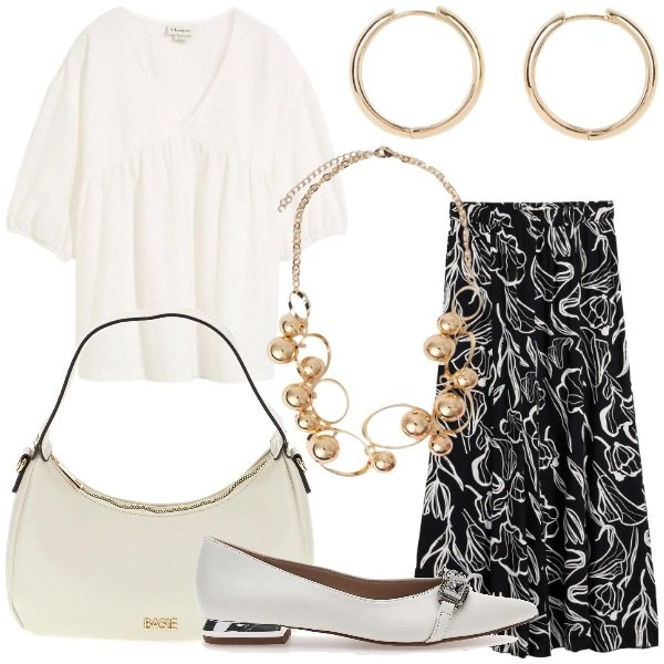 Outfit donna - Ballerine per Giugno. Stile Glamour per Serata fuori. Abbinamento con gonne lunghe, tuniche, orecchini, collane, ballerine, borse a tracolla.
