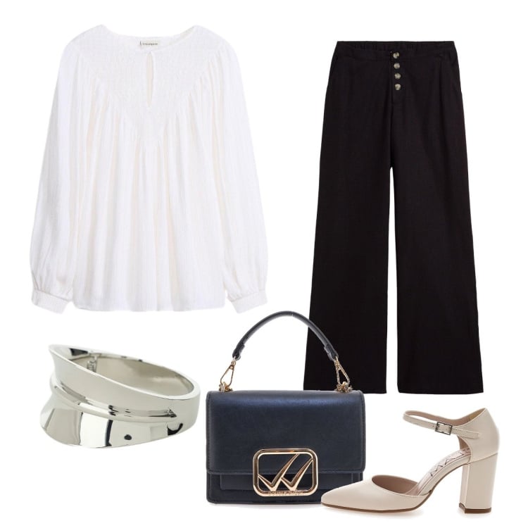 Outfit donna - Bianco primavera ufficio giugno. Stile Casual chic per Ufficio. Abbinamento con tuniche, pantaloni a palazzo, braccialetti, décolleté, borse a tracolla.