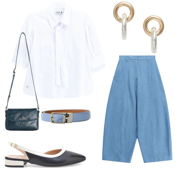 Outfit donna - Total look #2412258. Stile Casual chic per Tutti i giorni. Abbinamento con pantaloni, cinture, borse a tracolla, camicie, orecchini, ballerine.