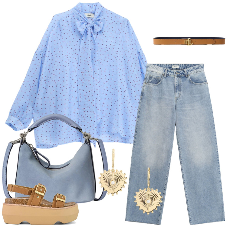 Outfit donna - Total look #2412265. Stile Casual chic per Tutti i giorni. Abbinamento con camicie, jeans dritti, borse a spalla, orecchini, cinture, sandali col tacco.
