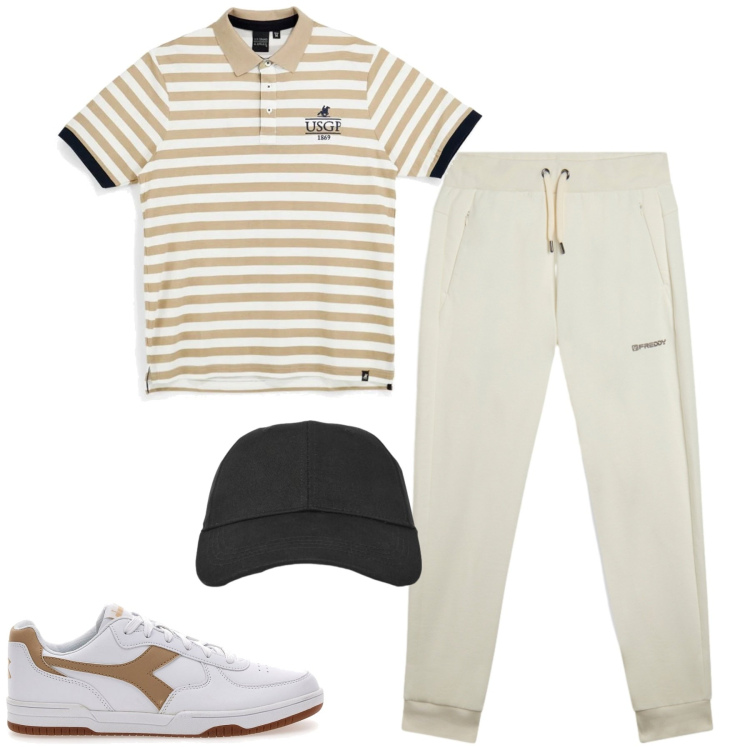 Outfit uomo - Giugno. Stile Casual per Tutti i giorni. Abbinamento con cappelli con visiera, pantaloni, sneakers, polo.