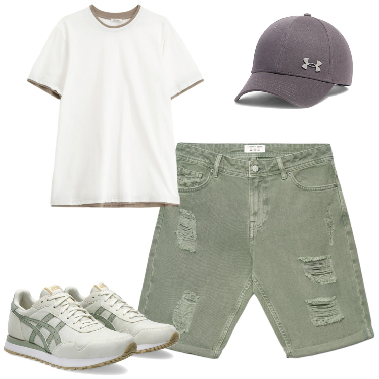 Outfit uomo - Giugno. Stile Casual per Tutti i giorni. Abbinamento con bermuda, t-shirt, sneakers, cappelli con visiera.