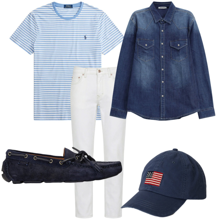 Outfit uomo - Denim blu scuro. Stile Trendy per Tutti i giorni. Abbinamento con camicie, jeans, scarpe stringate, t-shirt, cappelli con visiera.