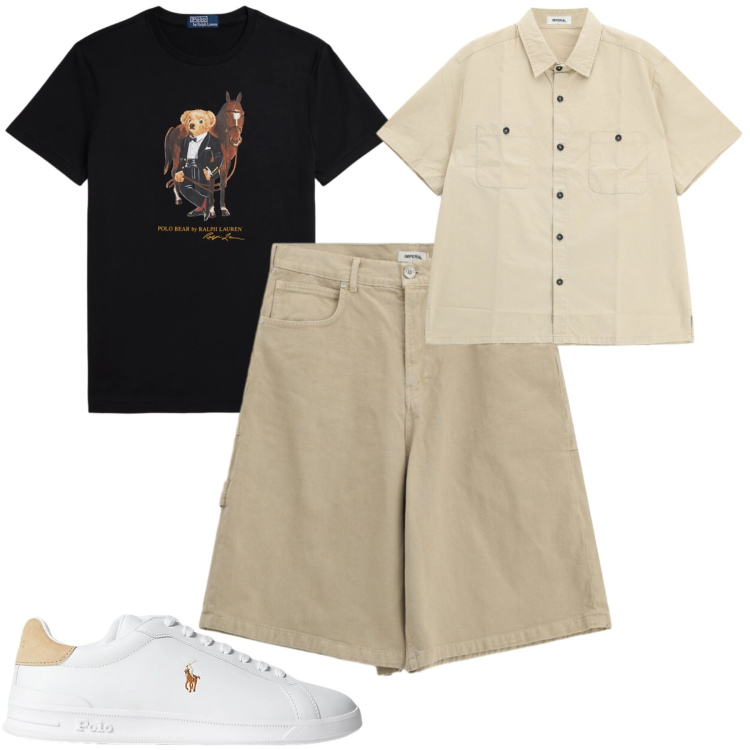 Outfit uomo - Giugno. Stile Casual per Tutti i giorni. Abbinamento con bermuda, camicie a manica corta, sneakers, t-shirt.