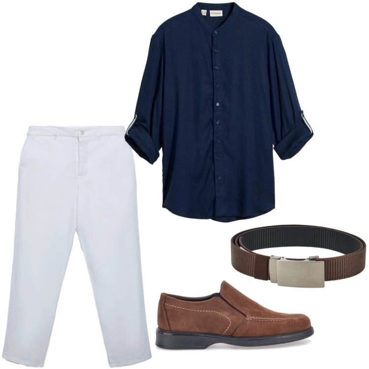 Outfit uomo - Aperitivo in città. Stile Casual per Serata speciale. Abbinamento con camicie, pantaloni chino, scarpe stringate, cinture.