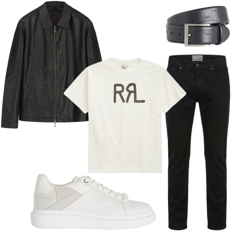 Outfit uomo - Rock essenziale. Stile Casual per Serata speciale. Abbinamento con sneakers, cinture, pantaloni, giacche, t-shirt.
