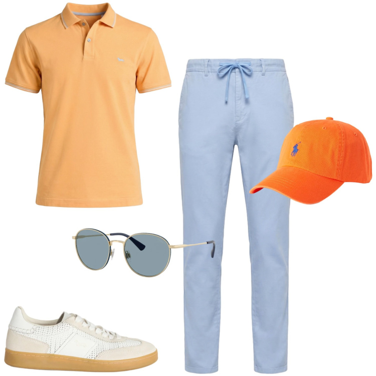 Outfit uomo - Giugno. Stile Casual per Tutti i giorni. Abbinamento con sneakers, polo, pantaloni, cappelli con visiera, occhiali da sole.