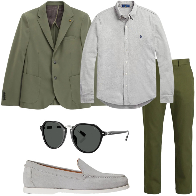 Outfit uomo - Equilibrio di colori. Stile Casual per Ufficio. Abbinamento con giacche, pantaloni, camicie, scarpe stringate, occhiali da sole.