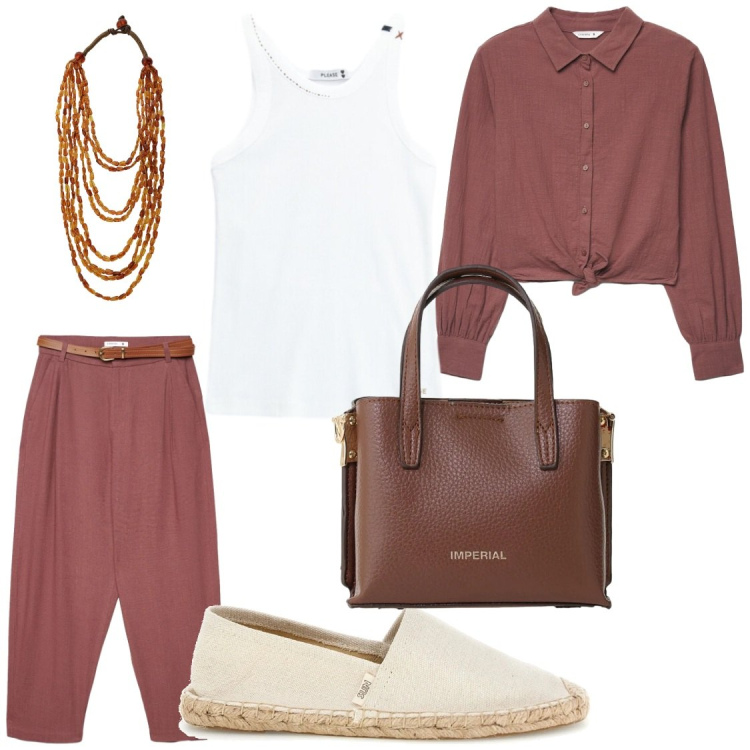 Outfit donna - A lavoro, condizionatore top e camicia. Stile Casual chic per Ufficio. Abbinamento con pantaloni chino, camicie, borse a tracolla, collane, top, espadrillas.