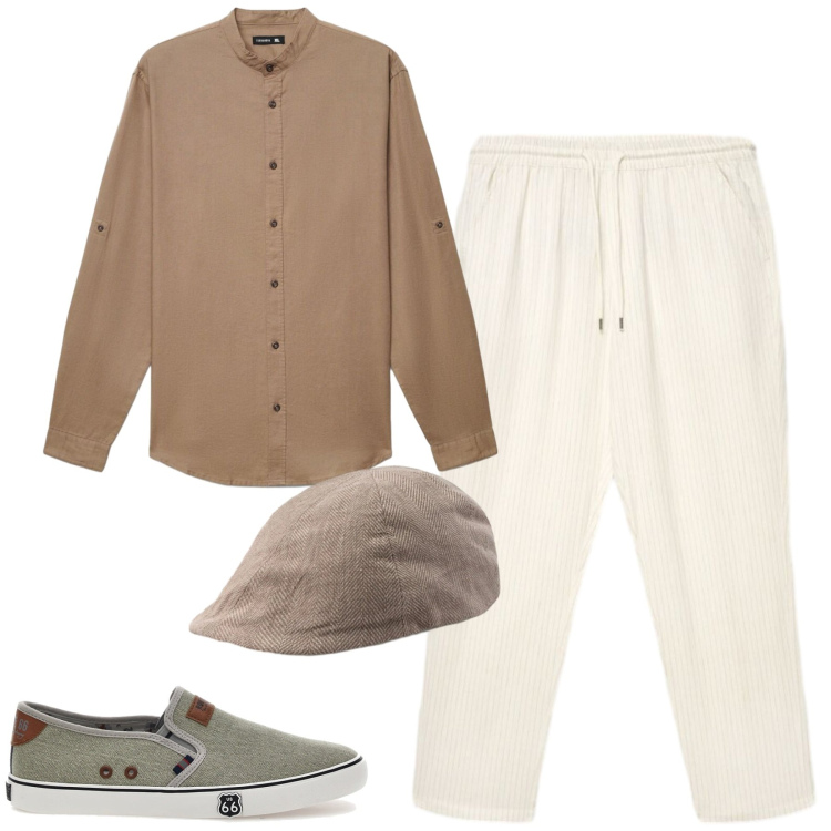Outfit uomo - Freschezza del lino. Stile Casual per Tutti i giorni. Abbinamento con camicie, pantaloni, cappelli e berretti, scarpe stringate.