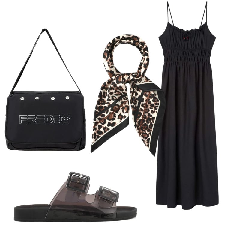 Outfit donna - Total black. Stile Glamour per Tutti i giorni. Abbinamento con vestiti lunghi, foulard, borse messenger, sandali.