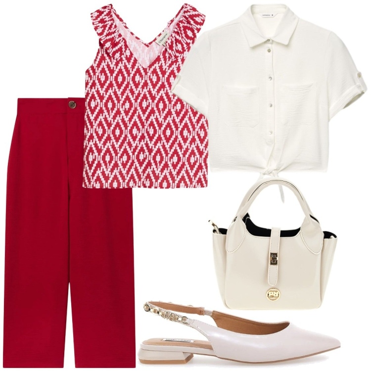 Outfit donna - Lavoro, top e camicia. Stile Chic per Ufficio. Abbinamento con top, pantaloni a palazzo, camicie a manica corta, ballerine, borse a mano.