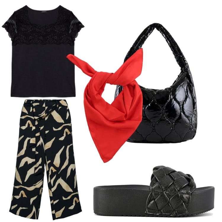 Outfit donna - Touch red. Stile Trendy per Tutti i giorni. Abbinamento con pantaloni, foulard, bluse, borse tote, sandali.