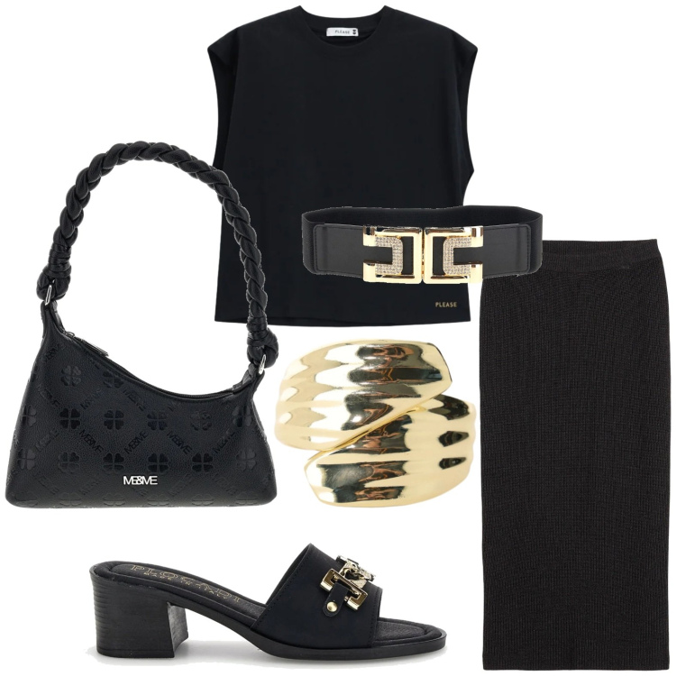 Outfit donna - Black style. Stile Casual per Serata fuori. Abbinamento con gonne, anelli, top, sandali col tacco, cinture, borse a mano.
