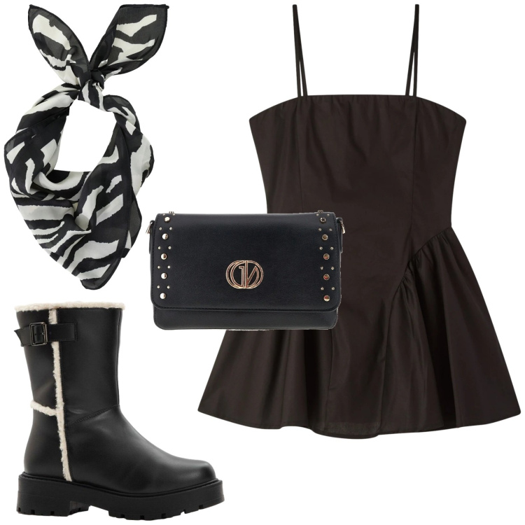 Outfit donna - Foulard bicolor. Stile Glamour per Serata fuori. Abbinamento con stivali, vestiti corti, foulard, borse a tracolla.