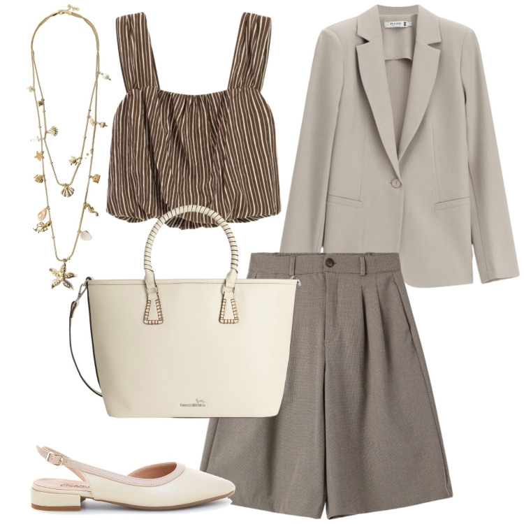 Outfit donna - Stile neutro sofisticato. Stile Minimal per Ufficio. Abbinamento con bermuda, collane, shopping bag, blazer, top, sandali.