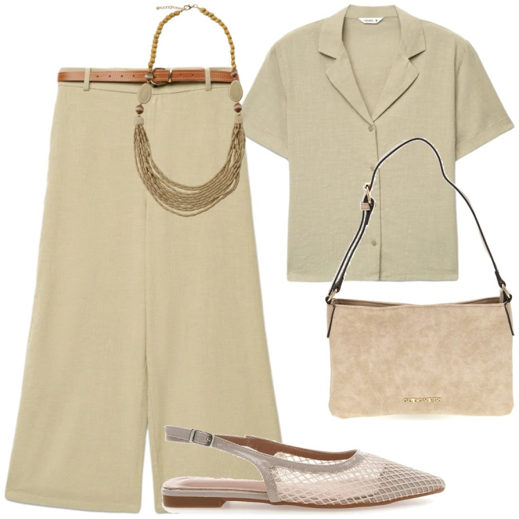 Outfit donna - Lavoro. Stile Chic per Ufficio. Abbinamento con camicie a manica corta, pantaloni a palazzo, collane, ballerine, borse a tracolla.