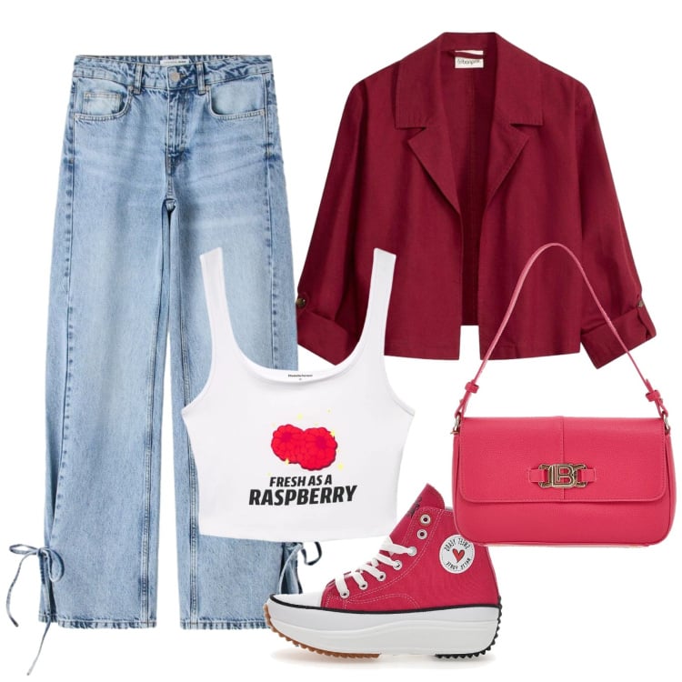 Outfit donna - Raspberry. Stile Urban per Tutti i giorni. Abbinamento con blazer, jeans, top, sneakers, borse a spalla.